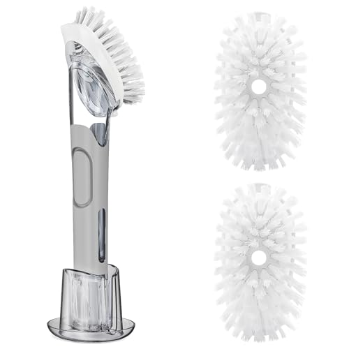 Soap Dispensing Replacement Dish Brush Storage Set with 2 PCS Brush Refills & Holder - RIMAY Dispenser Scrub Cleaning Scrubber Kitchen Dishwashing Dish Wand Handle for Dishes/Pans/Pots/Sink(Grey) - color: Gray