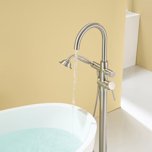 Wowkk Tub Filler Freestanding Bathtub Faucet Brushed Nickel Floor Mounted Brass Bathroom Tub Faucets with Hand Shower - color: Brushed Nickel