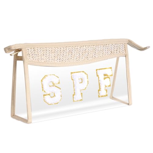 Boho Patch Cosmetic Bag with Zipper, Chenille Varsity Letter Makeup Bag, Clear Travel Pouch, Multi-purpose Small Toiletry Bag for Women Girls (Spf) - style: Spf