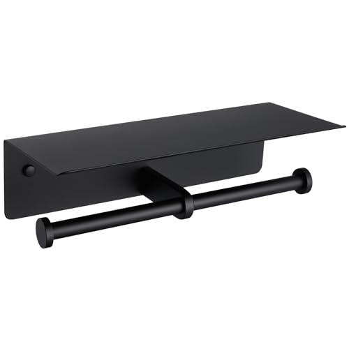 Toilet Paper Holder with Phone Shelf, APLusee SUS 304 Stainless Steel Bathroom Tissue Holder, Double Roll Paper Dispenser Wall Mounted, Matte Black - color: Matte Black, size: Double Rod