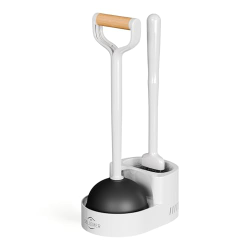 Sellemer Toilet Brush and Plunger Set, Curved Head for Deep Cleaning, White | Brush and Plunger set, Curved Nylon Bristles for Deep Clean, Strong Suction Plunger, Ventilated Holder for Quickly Air Dry - color: White