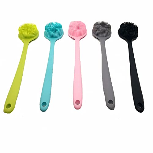 Long Handle Silicone Body Scrubber for Shower, Dual-Sided Back Scrubber Brush with Soft Bristles&Massage Nodes, Exfoliating Bath Brush for Hard to Reach Areas, Easy to Clean & Quick Dry, for Daily Use - color: Pink