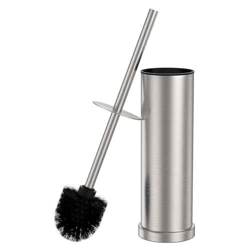 Stain Nickel Toilet Brush and Holder Set，Stainless Steel Heavy Duty Toilet Bowl Brush，Extra Long Handled Modern Toilet Cleaner Brush with Replaceable Head, Removable Inner Bowl, and Splash Protection