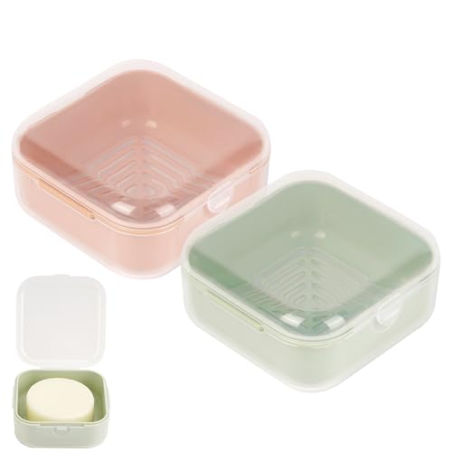 Adorila Small Travel Soap Case with Removable Drain Tray, 2 Pack | Shampoo Conditioner Bar Holder, Shatterproof PP Plastic, 3.1 in x 3.1 in Footprint, Light Green+Peach Pink - color: Light Green+peach Pink