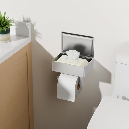 FORIOUS Toilet Paper Holder with Shelf, Sanitary Napkin Receptacle Tampon Holder, Wall Mount Toilet Paper Holder with Storage, Flushable Wipes Dispenser Fits for Bathroom Commercial(Brushed Nickel) - color: Stainless Steel, size: 2 Pack-8" (L)
