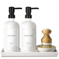 GMISUN Kitchen Soap Dispenser Set, 16 Oz Hand and Dish Soap Dispenser with Ceramic Tray & Bamboo Dish Brush, 2 Pack White Glass Liquid Pump Bottle, Modern Farmhouse Refillable Dish Soap Bottle - color: White Bottles + Black Pumps