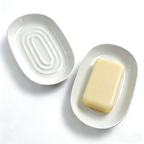 Ceramic Marble Pattern Soap Dish, Textured Raised Soap Saver Tray for Shower Bathroom Kitchen Sink Vanity, Easy to Clean Multi-Use Holder for Bar Soap Jewelry Rings Keys, White (2 Pack) - color: White2p