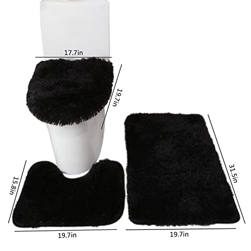 SEAHOME Bathroom Rug Sets 3 Piece Non Slip, Toilet Lid Cover and Contour Mat, Bath Mats Shower Mat for Tub (Black) - color: Black