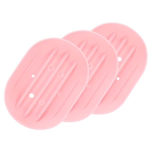 uxcell 3Pcs Small Soap Dish, Silicone Bathroom Soap Holder Oval Shape Bar Soap Dish Self-Draining Soap Tray with Holes for Shower, Bathroom, Kitchen, Counter Top (Pink) - color: Pink