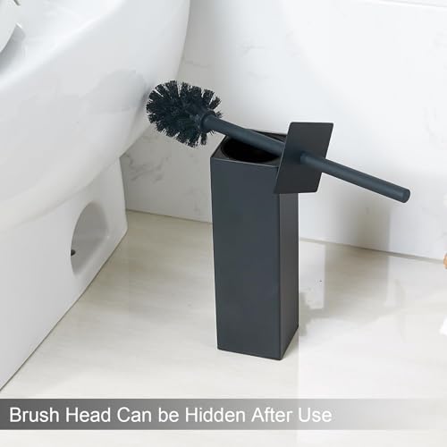 Matte Black Square Stainless Steel Toilet Brush with Holder, 304 Modern Toilet Brush Set – Rust Resistant, Long Handle, Replacement Heads, Floor Standing Bathroom Toilet Cleaning Brush - color: Matte Black-square