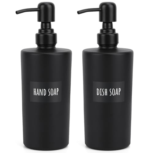Segbeauty Glass Soap Dispenser Set, 2pcs 15.2oz Refillable Bathroom & Kitchen Dispensers, 450ml Black with Pump & Labels - color: Dark Black, size: 15.2oz/450ml