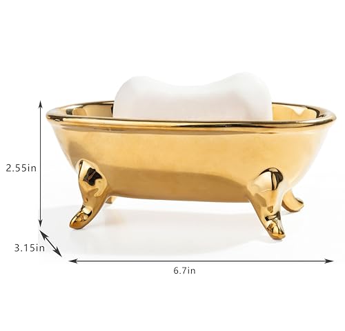 6.7" Ceramic Mini Clawfoot Bathtub Bar Soap Dish, Decorative Bar Soap Holder, Soap Tray Sponge Holder for Shower, Bathroom & Kitchen Sink (Gold) - color: Gold