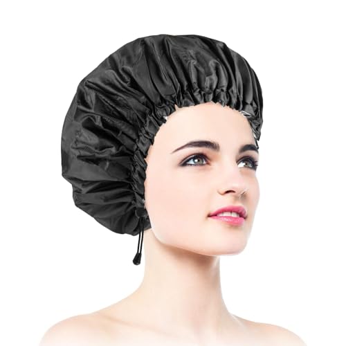 1 PCS Shower Cap, Double Layer & Adjustable Bathing Cap for Shower, Extra Large Reusable Hair Cap for Women, Waterproof Exterior & EVA Lining, Oversized Design for All Hair Lengths/Style - color: 1 PCS Black