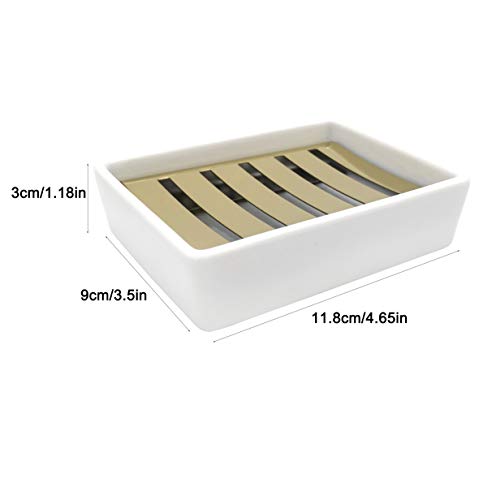 Ceramic Soap Dish Gold Stainless Steel Soap Holder for Shower and Bathroom Double Layer Draining Soap Box