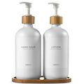 MaisoNovo Glass Soap Dispenser Bathroom Set of 2-16.9 oz Bathroom Soap Dispenser Set - White Glass Bottles x 2 with White Bamboo Pumps & Tray - color: White Bottles/ White Bamboo Pumps