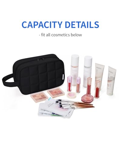 Narwey Quilted Makeup Bag Puffy Make up Bag Cosmetic Bag Organizer, Puffer Travel Toiletry Bag for Traveling Women Girl, Travel Bag for Toiletries, Skincare Medicine Bags (Black) - color: Y-Black