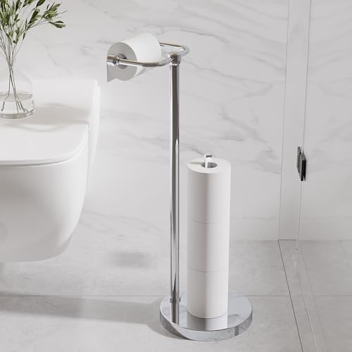 RARXTR Toilet Paper Holder Stand, Post Pivoting Design Free Standing Toilet Paper Holder with Storage for 4 Rolls, SUS304 Stainless Steel Tissue Holder with Reserve, Heavy-Duty Base (Chrome) - color: Chrome, size: Free Standing With Storage
