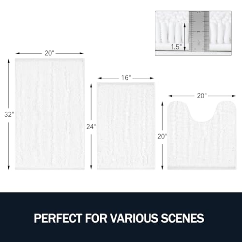 LINLA 3 Pieces Bathroom Rug Set, Absorbent Non Slip Chenille Bath mat, Thick Plush Chenille Carpet Mats Set,Washable Dry Quickly with U-Shaped Toilet Mat for Tub, Shower（White） - color: White