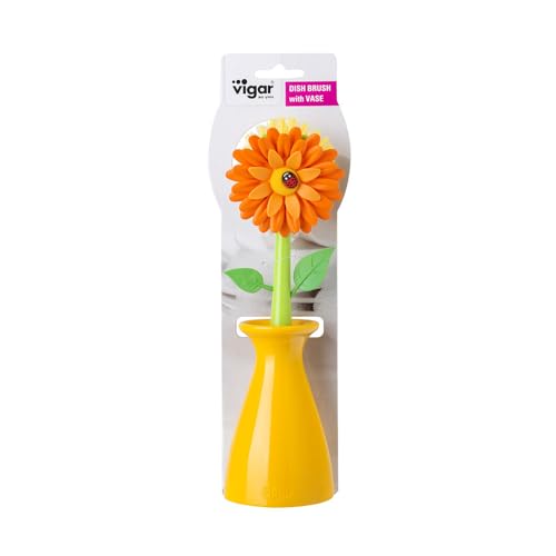 Vigar Flower Power Dish Brush with Handle and Vase Holder - Dish Scrub Brush for Dishes, Kitchen Scrub Brush, Dish Brush with Handle, Sink Cleaning Brush, Pot Scrubber, Dishwashing Brush - Orange - color: Orange