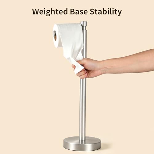 YUMORE Toilet Paper Holder Stand, Heavy Duty Stainless Steel Free Standing Bathroom Tissue Roll Holder, Brushed Nickel - color: Brushed Nickel