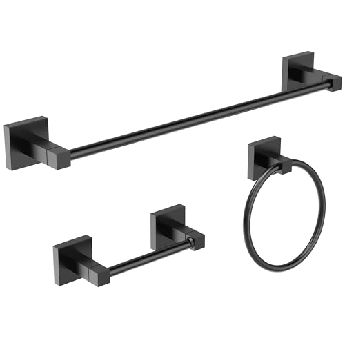 RUACQ 3 Pieces Bathroom Hardware Set, SUS 304 Stainless Steel Toilet Paper Holder, Towel Ring, 18-inch Towel Bar Set, Wall Mounted, Heavy Duty (Matte Black) - color: Matte Black, size: 3pcs