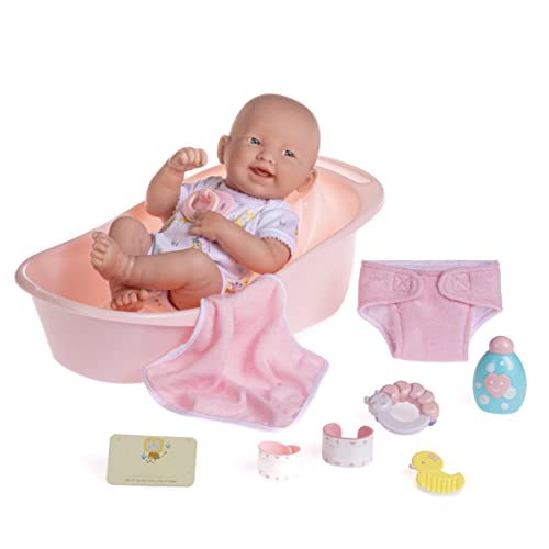 8 piece Layette Deluxe Bathtub Gift Set | JC Toys - La Newborn | 14" Life-Like Smiling Vinyl Newborn Doll w/ Accessories | Pink | Waterproof |Ages 2+ - color: Bath Pink