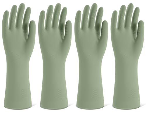 Rubber Cleaning Gloves for Dishwashing, 4 Pairs Reusable Kitchen Gloves for Washing Dishes and Household Cleaning, Green Dish Gloves with Flocked Lining and Non-Slip Grip, Pefect for Woman Men - M - color: Green, size: Medium
