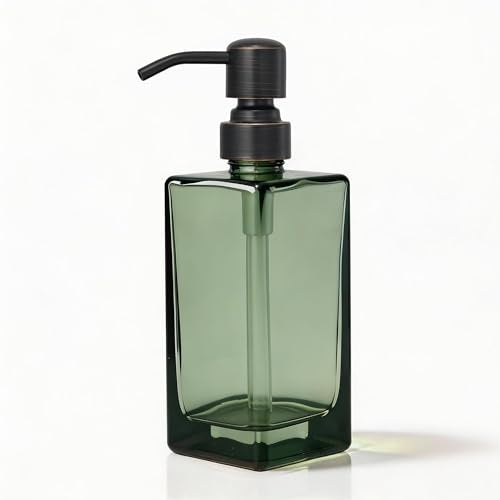 13.5 Oz Green Glass Soap Dispenser with Rust Proof Stainless Steel Pump, Antique Design Refillable Square Lotion Dispenser for Bathroom, Premium Kitchen Hand Soap (Oil Rubbed Bronze) - color: Gree +Oil Rubbed Bronze