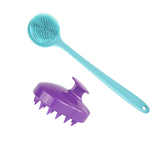Silicone Body Scrubber & Scalp Massager, Long Handle Shower Brush, Exfoliating Scrubber for Men, Women & Kids - color: Blue