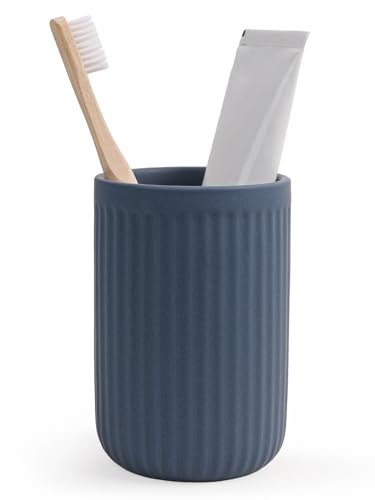 INGOFIN Ceramic Toothbrush Holder, 12 oz Toothpaste Holder Bathroom Cup, Tooth Brush Holder for Vanity Countertop, Organizer Storage for Cosmetic, Makeup, Office Pencils, Matte Blue