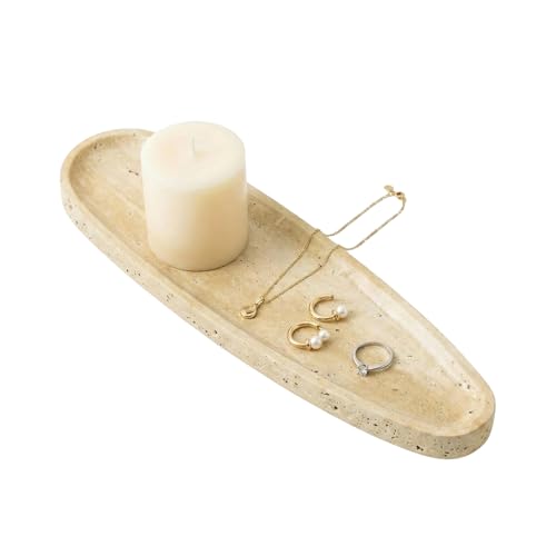 Natural Travertine Vanity Tray, 16.6"x4.6" Real Marble Decorative Tray for Bathroom Countertop & Home Decor, Catchall Organizer for Jewelry, Candles, Cosmetics & Perfume（Travertine） - color: Beige