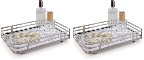 SunnyPoint Classic Decorative Vanity Perfume Dresser Jewelry Organizer Makeup Mirror Tray (Satin Nickel) (Pack of 2) - color: Satin Nickel, size: 10.4" x 6.7" x 2" (Pack of 2)