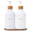 MaisoNovo Soap Dispenser Bathroom Set of 2-16.9 oz Bathroom Soap Dispenser Set - White Plastic Bottles x 2 with White Bamboo Pumps & Tray - color: Plastic White Bottles/ White Bamboo Pumps