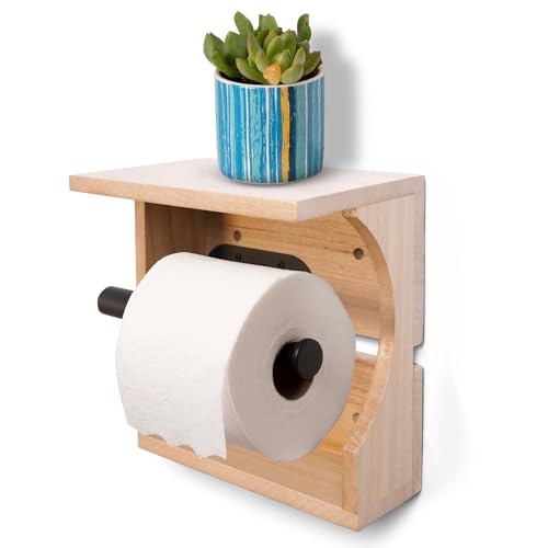 Toilet Paper Holder with Shelf - Easy to Install Wall Mounted Wood Toilet Paper Holder - Mounts to Most Surfaces - Fits All Toilet Paper Types from Regular to Mega Sizes (Natural)