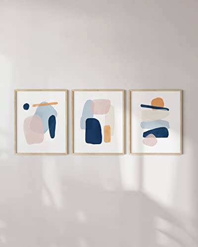 HAUS AND HUES Abstract Art Wall Decor - Set of 3 Abstract Wall Art for Living Room, Blue Posters Geometric Wall Art Abstract, Room Posters Aesthetic Colorful Wall Art (Beige Frame, 12x16) - color: Painted Pastel, size: 12"L x 16"W, style: Beige Framed