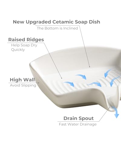 Soap Dish with Waterfall Design, Ceramic Soap Holder Self Draining Bar Soap Saver for Sink Bathroom Shower Kitchen to Keep Organized and Clean, White - color: White, size: Rectangular