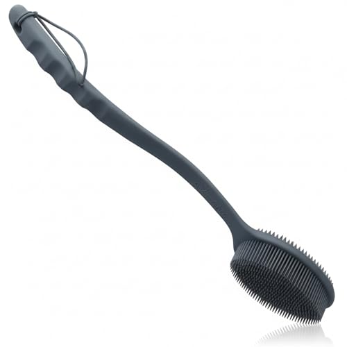 Avilana Silicone Body Scrubber for Shower – SGS Certified Food Grade Dual Sided Bath Brush, Gentle Exfoliating Silicone Loofah Alternative, Sensitive Skin Body Brush (Dark Gray, Long Handle) - color: Dark Gray, size: Long Handle