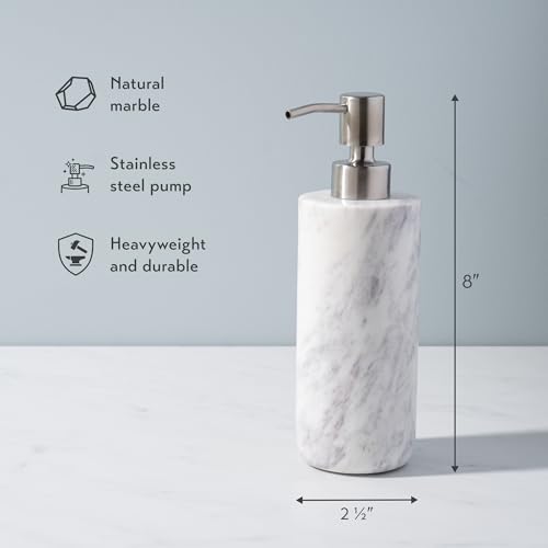 Cork & Mill Marble Soap Dispenser for Bathroom Countertop or Kitchen Sink, Real Natural White Stone with Stainless Steel Pump Top, Ideal for Lotion, Liquid Dish or Hand Soap, Modern Bath Accessories
