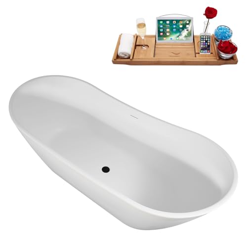 Streamline 75" Freestanding Soaking Bathtub – Glossy White Acrylic Tub with Matte Black Internal Drain and Bamboo Tray – Modern Luxury Design – 85-Gallon Capacity