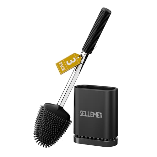 Sellemer Toilet Brush and Holder Set - Flexible Toilet Bowl Brush Head with Silicone Bristles, Compact Size for Storage and Organization, Ventilation Slots Base (3 Pack, Black) - color: Black-3pcs