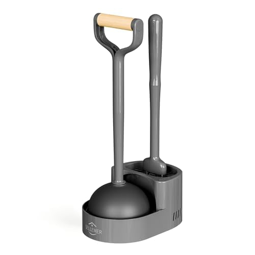Sellemer Toilet Brush and Plunger Set, Curved Head for Deep Cleaning, Grey | Brush and Plunger set, Curved Nylon Bristles for Deep Clean, Strong Suction Plunger, Ventilated Holder for Quickly Air Dry - color: Gray