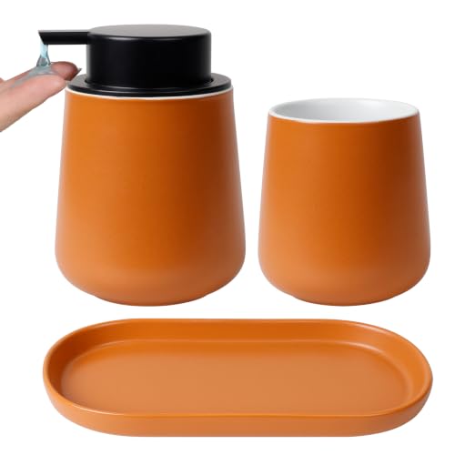 BosilunLife Ceramic Bathroom Accessories Set 3 Pcs, Liquid Soap Dispenser and Toothbrush Holder with Tray, Modern Farmhouse Vanity Decor, Orange Housewarming Gift - color: Orange, style: liquid