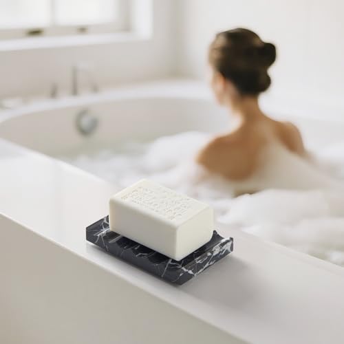 Real Luxurious Natural Marble Soap Dish for Shower,soap Dish for Bathroom,Non-Ceramic/Non-Resin Stone soap Tray（Black） - color: Black