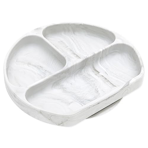 Bumkins Toddler and Baby Suction Plate, Divided Grip Dish for Babies and Kids, Baby Led Weaning, Feeding Supplies, Sticks to Tables and Highchairs, Platinum Silicone, for Chidren 6 Months, Marble - color: A4 Marble-GD