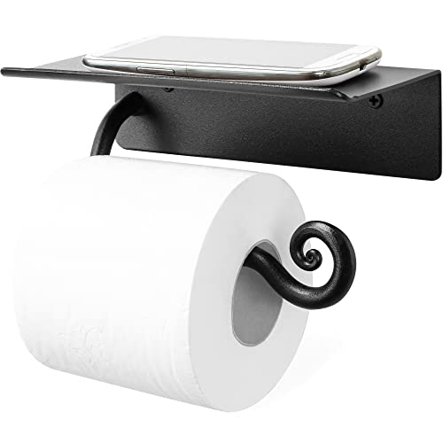 RTZEN Bathroom Toilet Paper Holder with Shelf - Handcrafted Rustic Wrought Iron Wall Decor Toilet Roll Holder - Black Matte Wall Mount Bar for Modern Farmhouse Bathroom Decor - style: Shelf Stylish