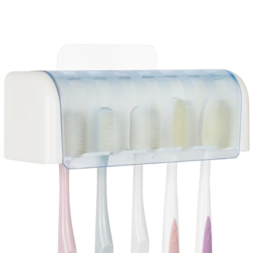 5 Slots Wall Mount Toothbrush Holder with Cover, Self Adhesive Toothbrush Storage Organizer for Shower, Toothbrush Hanger for Bathroom, Medicine Cabinet, Dorm(White + Blue) - color: White + Blue 1pack