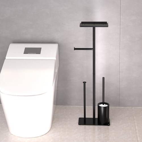 Modern Bathroom Toilet Paper Holder Stand, Black Metal, with Storage Shelf, Brush Holder, 3-Roll Storage, Freestanding Design