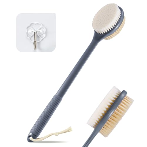 VANZAVANZU 17 Inch Anti-Slip Long Handle Back Scrubber for Shower – Dual-Sided Shower Brush and Shower Back Scrubber with Soft and Stiff Bristles for Wet or Dry Brushing (Gray) - size: 17 in - Gray