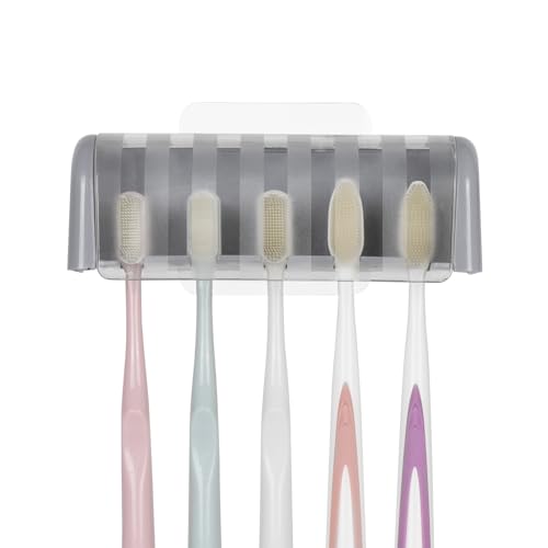LUEXBOX 5 Slots Wall Mount Toothbrush Holder with Cover, Self Adhesive Toothbrush Storage Organizer for Shower, Toothbrush Hanger for Bathroom, Medicine Cabinet, Dorm (Grey) - color: Grey 1pack