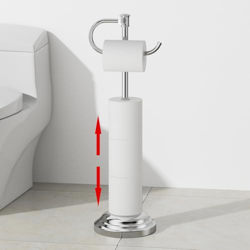 RUMOSE Toilet Paper Holder Stand for Floor, Polished Chrome Bathroom Free Standing Toilet Tissue Roll Holder with Storage, Adjustable 17-25 Inch, SUS304 Stainless Steel - color: Polished Chrome